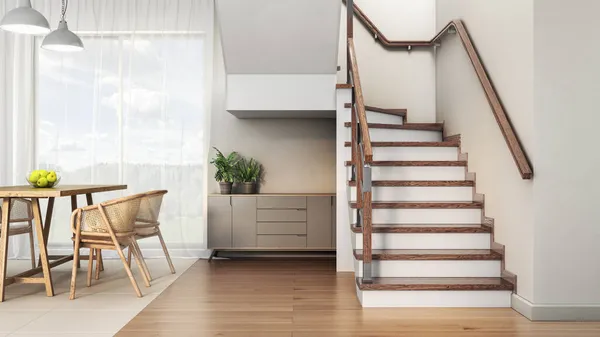 Representación Una Escalera Interior Moderno Con Suelo Madera Paredes Blancas —  Fotos de Stock