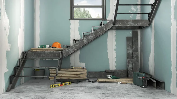 Renderização Uma Escada Desmontada Detalhes Com Ferramentas Sala Construção Ilustração — Fotografia de Stock