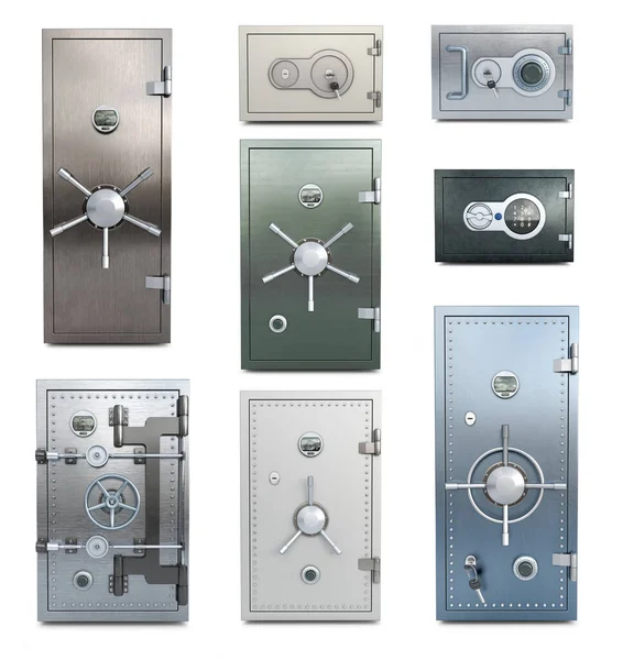 Set Different Safes All Closed Isolated White Background Illustration — Stock Photo, Image