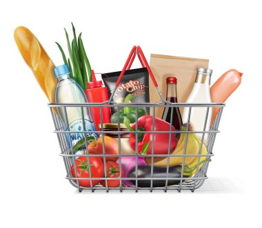 İçinde ürünler olan metal sepet. Vektör illüstrasyonu.