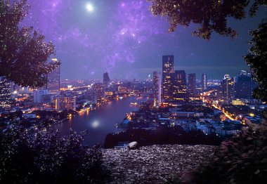 Fantezi gece güzel şehir. 3d illüstrasyon.