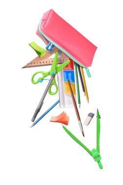 Okul malzemeleri beyaz arka planda kalem kutusundan uçuyor.