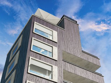 Mavi yüzlü, güneşli bir günde mavi gökyüzü olan modern bir mesken binası. 3d illüstrasyon