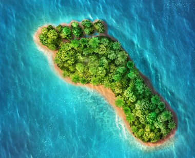 Eko konsepti. Sudaki insan ayak izi şeklinde tropik bir ada. 3d illüstrasyon.