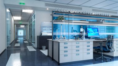 Işık laboratuarının içi ekipmanlarla dolu. 3d illüstrasyon