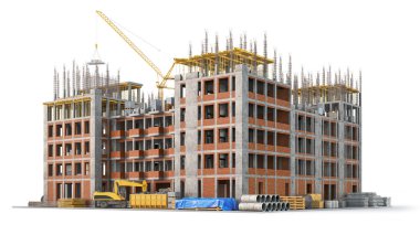 Bina beyaz arka planda inşaat halinde. 3d illüstrasyon