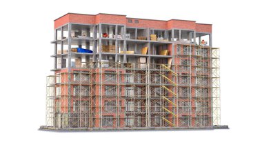 Bina beyaz arka planda inşaat halinde. 3d illüstrasyon