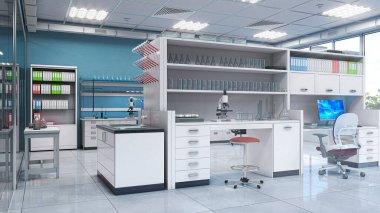 Işık laboratuarının içi ekipmanlarla dolu. 3d illüstrasyon