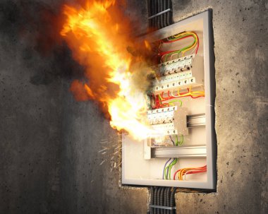 Kısa devre. Devre kesicili elektrik santrali yandı. 3d illüstrasyon