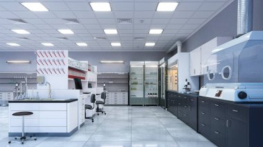 Işık laboratuarının içi ekipmanlarla dolu. 3d illüstrasyon