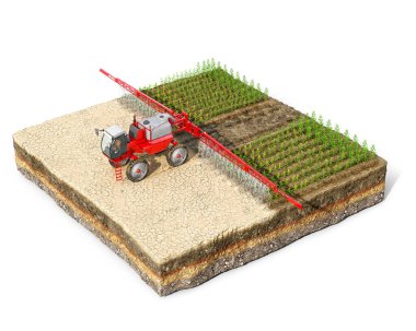 Kırmızı sulama makinesi, suyu püskürterek çölü verimli topraklara dönüştürür. Bir parça yeşil bitkiler, beyaz arka planda izole edilmiş, 3D resimli.