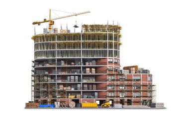 Bina beyaz arka planda inşaat halinde. 3d illüstrasyon