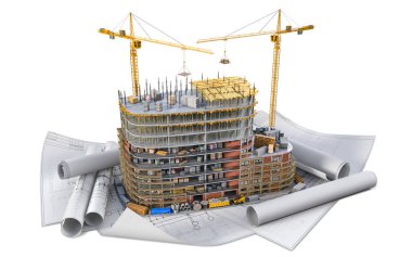 Bina, beyaz arka planlı planlarda yapım aşamasında. 3d illüstrasyon