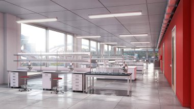 Laboratuvar ekipmanlarıyla birlikte. 3d illüstrasyon