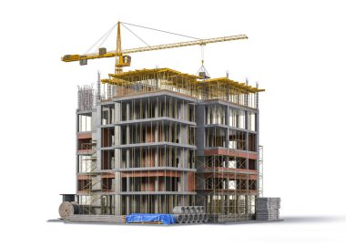 Bina beyaz arka planda inşaat halinde. 3d illüstrasyon