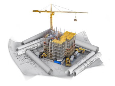 Bina, beyaz arka planlı planlarda yapım aşamasında. 3d illüstrasyon