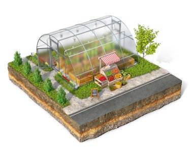 Meyve ve sebzeler yol ve seranın yanında duruyor, sağlıklı gıda satışı konsepti, bir parça zemin üzerinde, beyaz arka planda izole edilmiş, 3 boyutlu resimleme