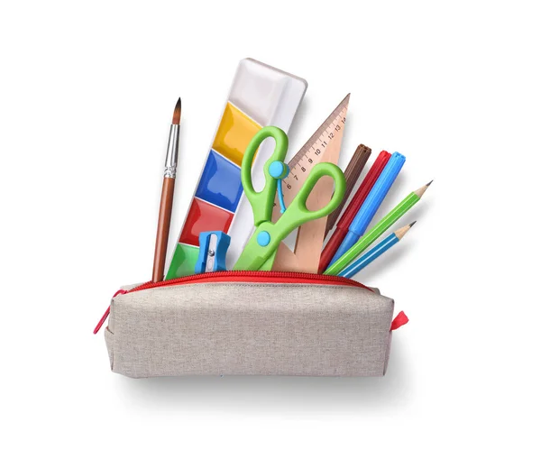 School Supplies Peeking Out Pencil Case White Background — Stock Photo, Image