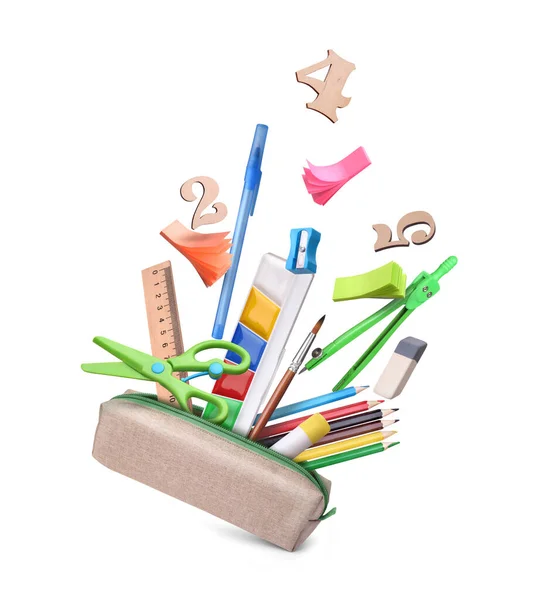 School Supplies Fly Out Pencil Case White Background — Stock Photo, Image