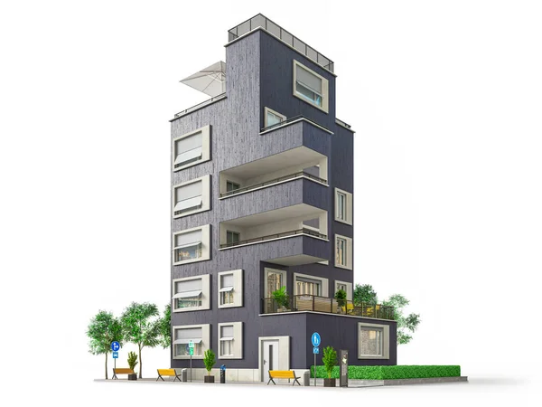 Σύγχρονο Κτίριο Κατοικιών Μπλε Πρόσοψη Στο Λευκό Φόντο Εικονογράφηση — Φωτογραφία Αρχείου