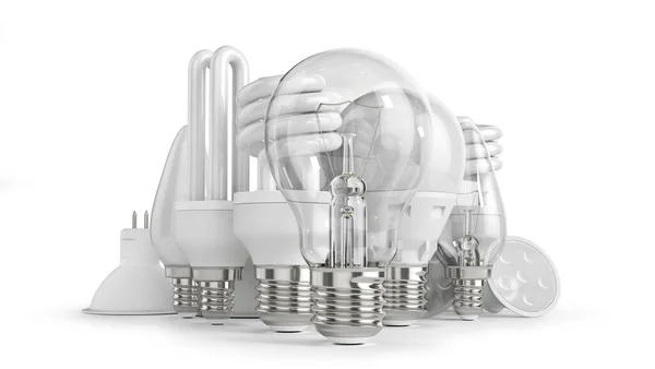 Lámparas Eléctricas Domésticas Varios Tipos Sobre Fondo Blanco Varios Tipos — Foto de Stock