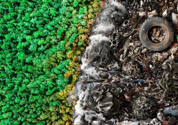 Koncepcja Ekologiczna Parujące Śmieci Tle Natury Góry Widok Ilustracja — Zdjęcie stockowe