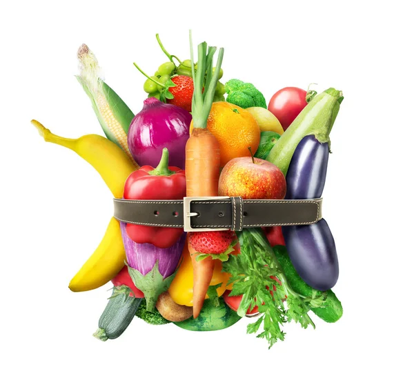 Концепция Здорового Питания Овощи Фрукты Завязанные Кожаным Ремнем Белом Фоне — стоковое фото