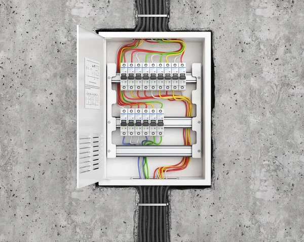 Tableau Tension Avec Disjoncteurs Dans Mur Béton Fond Électrique Illustration — Photo