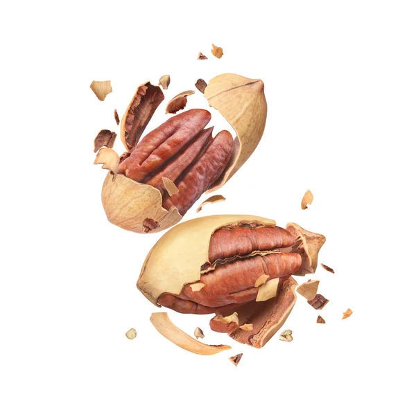 Two Pecans Flying Air White Background — Stock Photo, Image