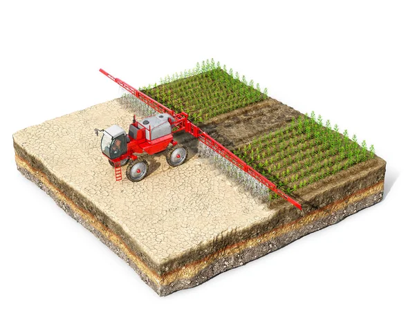 赤い灌漑機械は 水を噴霧することによって砂漠を改善し 白い背景に隔離された地面の一部に位置する多くの緑の植物と肥沃な土地に変え 3Dイラスト — ストック写真