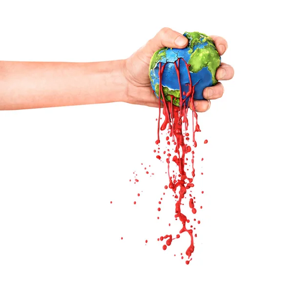 Human Influence Environment Concept Strong Hand Young Man Strangles Planet — Stock Photo, Image