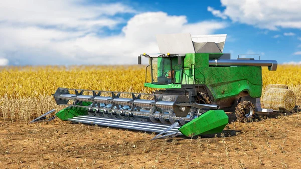 Cosecha Combinan Entre Campo Trigo Bajo Cielo Azul Cosecha Proceso — Foto de Stock