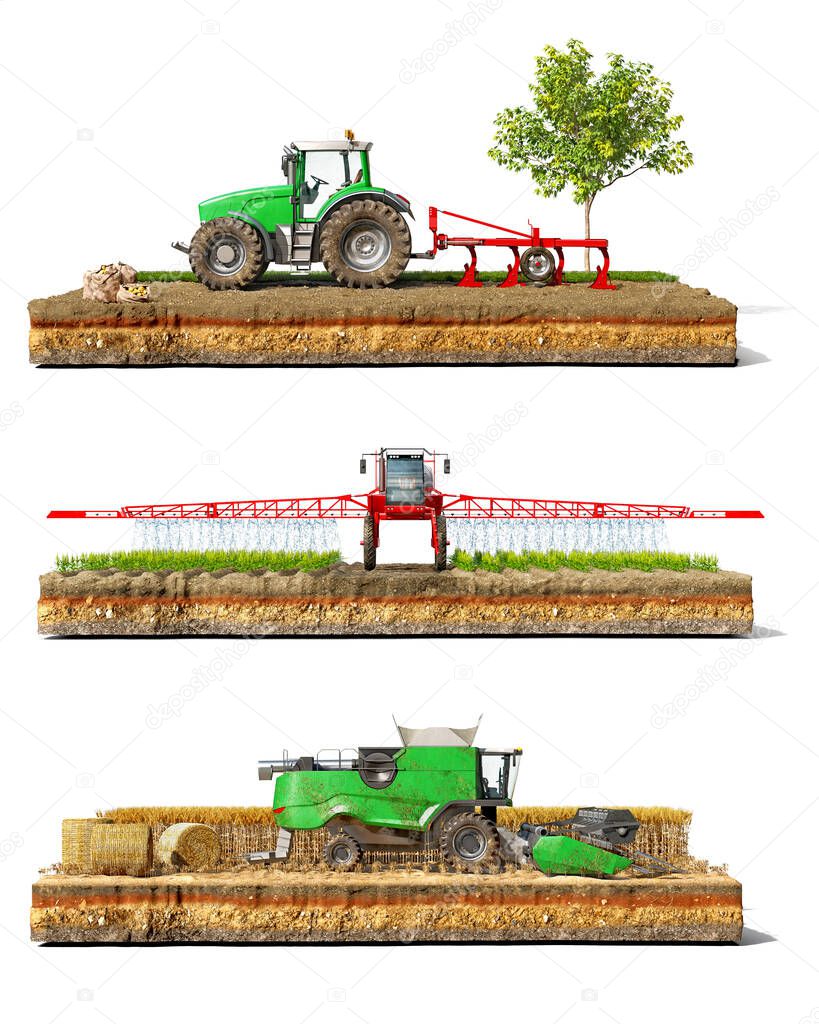 Set of different agricultural machines - tractor for plowing, irrigation machine for spraying, combine for harvesting, isolated on a piece of ground on a white background, 3d illustration