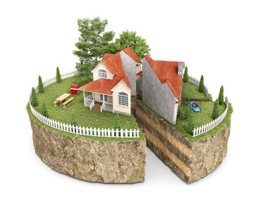 Üzerinde ev, yeşil çimen ve avlu olan toprak parçası kavramı beyaz arka planda izole edilmiş bir pastaya benziyor.