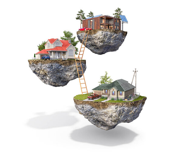 Three houses from cheap to middle and luxury, located on three islands connected with each other with stairs, improvement concept, isolated on white background, 3d illustration