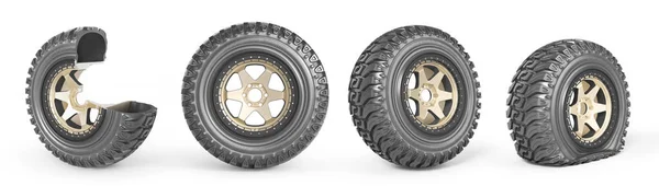 Set Aus Verschiedenen Offroad Rädern Reifenpanne Geschnitten Und Neu Auf — Stockfoto
