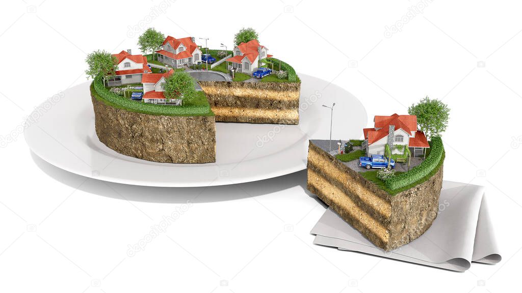 Concept of a piece of ground with similar houses and streets on it that looks like a pie and a slice of the pie that is separately severed on a napkin, isolated on white background, 3d illustration
