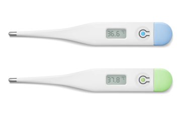 Ölçmek için gerçekçi elektronik medikal termometre. Sıcaklığı gösteren dijital termometrenin tasarım şablonu. Üst görünüm