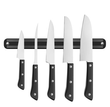 Plastik saplı keskin mutfak bıçakları. Ürünleri kesmek için temel mutfak malzemeleri. Her çeşit yiyecek için çeşitli şekillerde bıçak. vektör illüstrasyonu.