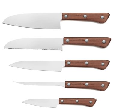 Ahşap saplı keskin mutfak bıçakları. Ürünleri kesmek için temel mutfak malzemeleri. Her çeşit yiyecek için çeşitli şekillerde bıçak. vektör illüstrasyonu.