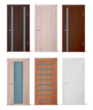 Vektör gerçekçi farklı kapalı kahverengi ahşap kapı simgesi beyaz arka plan üzerinde izole kapatmak ayarlayın. Mimari unsurları. Tasarım şablonu grafik, açık görünüm