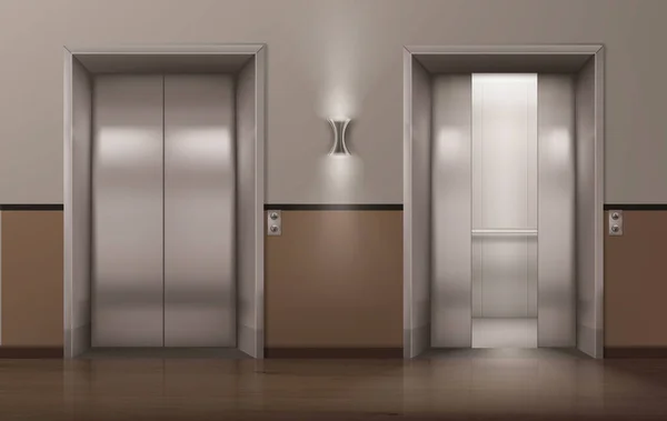 Dörrar Hiss Realistisk Öppen Krom Metall Kontor Hiss Vektor Illustration — Stock vektor