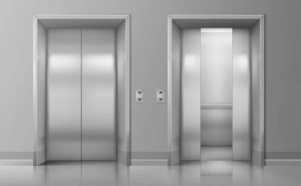 ドアエレベーター 現実的なオープンクロム金属オフィスエレベーターベクトルイラスト — ストックベクタ
