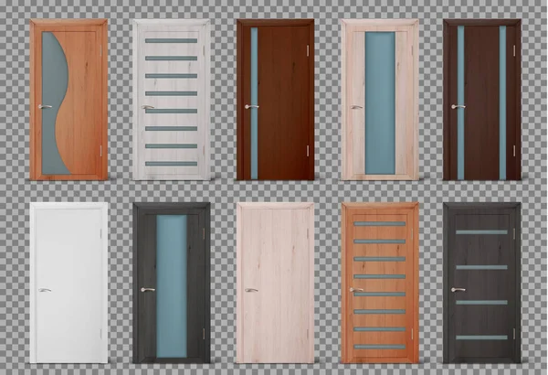 ベクトル現実的な別の閉鎖茶色の木製のドアのアイコンを閉じ設定します 建築の要素 グラフィックデザインテンプレート フロントビュー — ストックベクタ