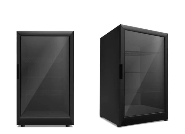 Lege Minikoelkast Met Transparante Glazen Deur Vector Zwarte Koelkasten Voor — Stockvector