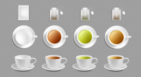 Tazas Vectoriales Realistas Juego Aromático Caliente Vector Realista Porcelana Blanca — Vector de stock