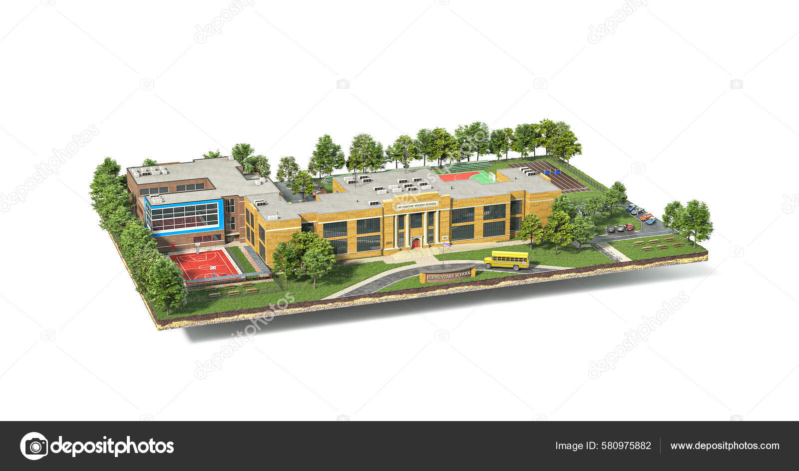 白色背景的学校毗邻领土位于一个岛屿上 图库照片 C Urfingus