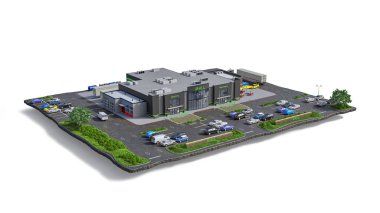 Beyaz bir arka planda alışveriş merkezi ve bitişik bölge: park yeri, araba servisi, adada yer alan restoran. 3d illüstrasyon