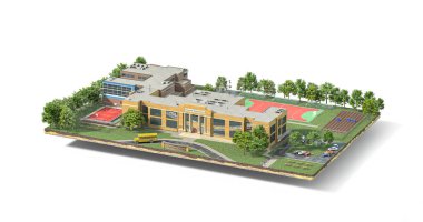 Beyaz arka planda bir okul ve bitişik bölge 3D bir adada yer almaktadır.