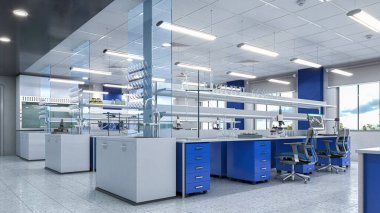 Geniş ve parlak bir laboratuvar. 3d illüstrasyon